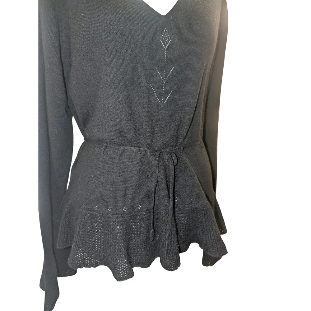 MaxStudio‎ Cahsmere Sweater Women M Black V-Neck Tie Waist Peplum Bell Sleeve XL
